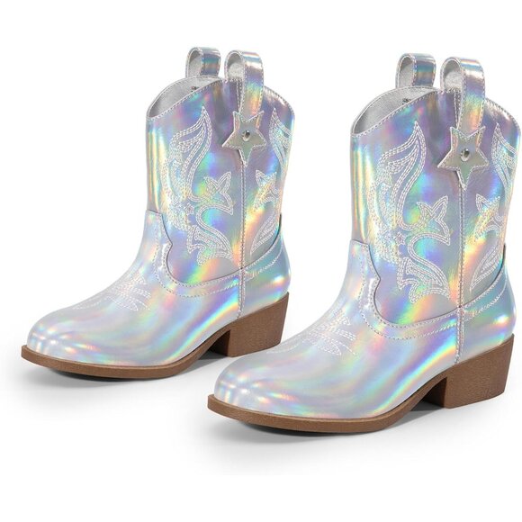 ⚡Girls Silver Cowgirl Boots With Low Heel Western Embroidered Fashion Mid Calf - Picture 1 of 6